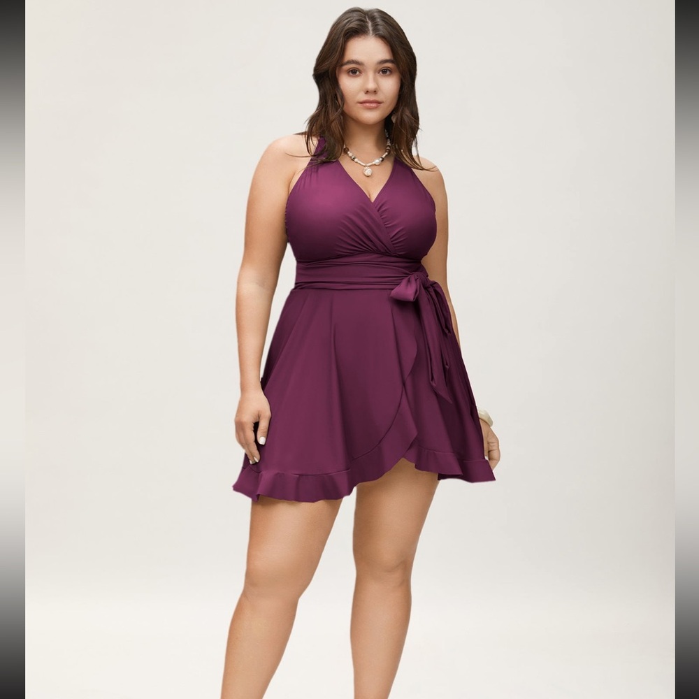 Ties Wrap Flutters Swim Dress - Size18-20 - Purple Color